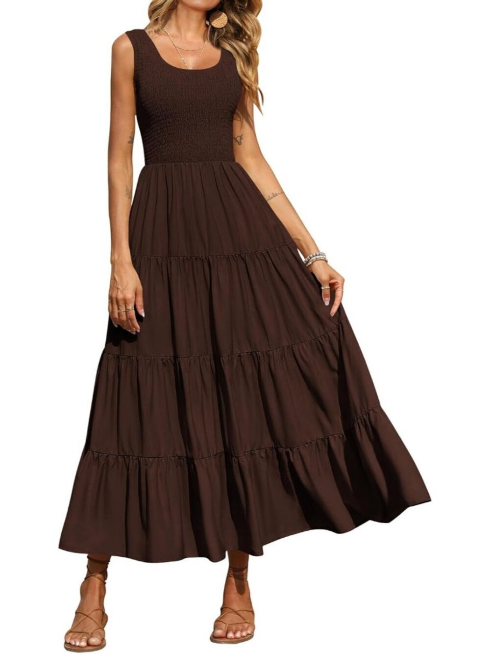 Women's Dress Maxi Brown Polyester Scoop Neck Short Vacation Casual Summer